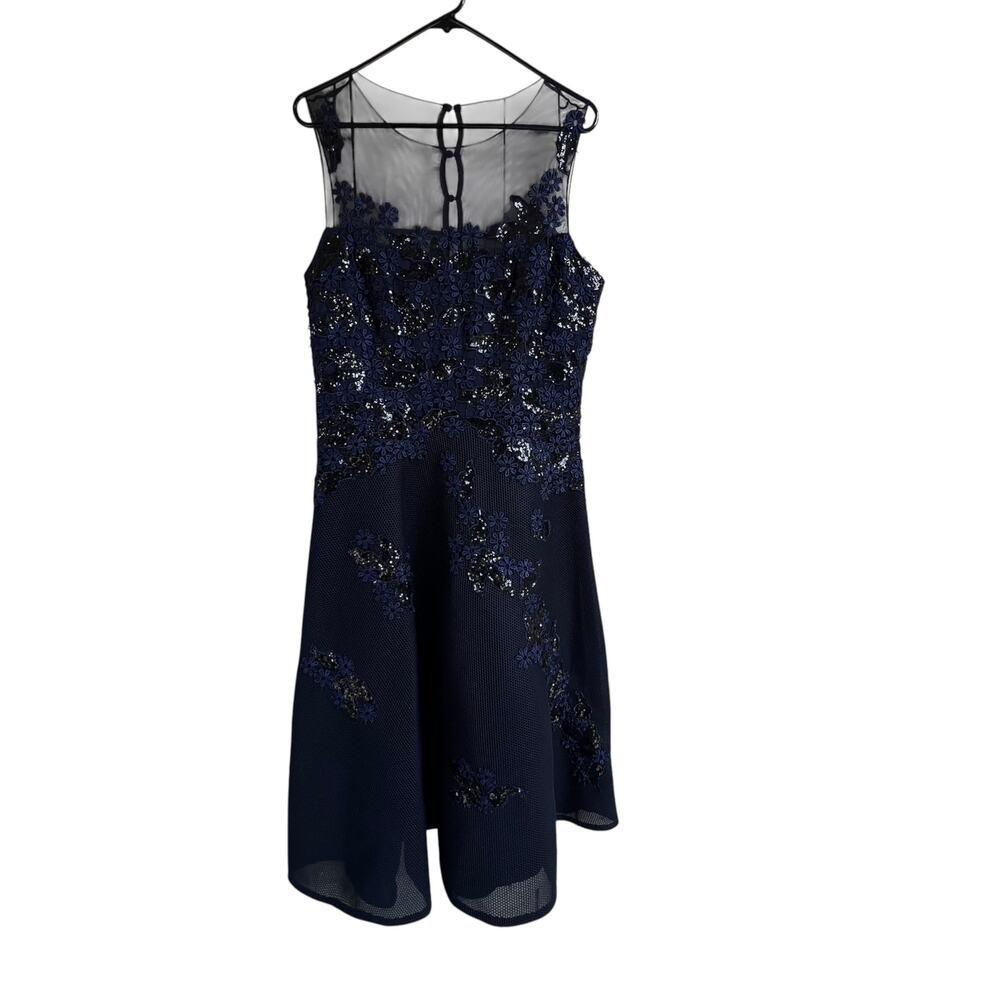 Rickie Freeman Teri Jon Size 14 Dress Navy Blue Sequin Embroidered Lace Cocktail